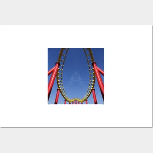 vivid red roller coaster on clear cloudless blue sky background structural 3D illustration design Posters and Art